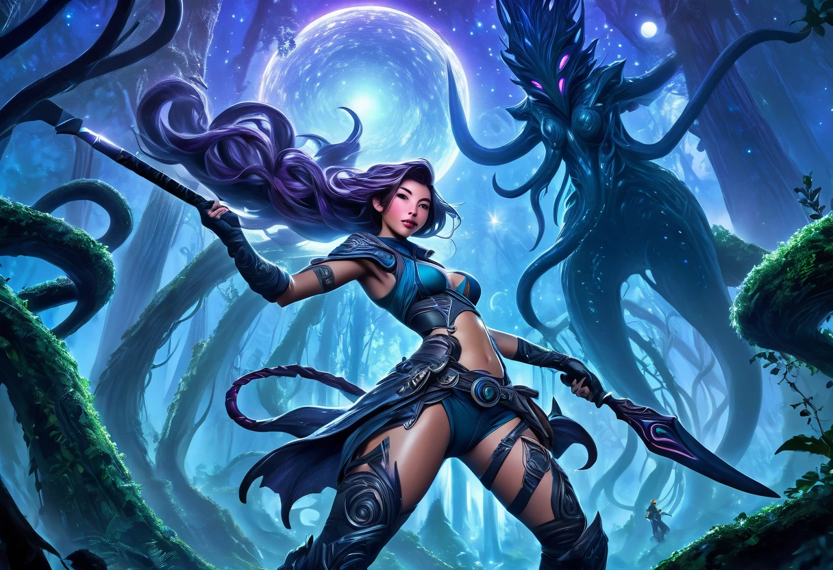 A adventurer woman (yuna, muscular, lean, sweaty, big butt, sexy explorer outfit) is using a machete to clear a path through a dense alien forest, tentacle vines reach from trees, she is carving a trail to an eldritch spire, 3 moons hang in the starry sky each a different color
