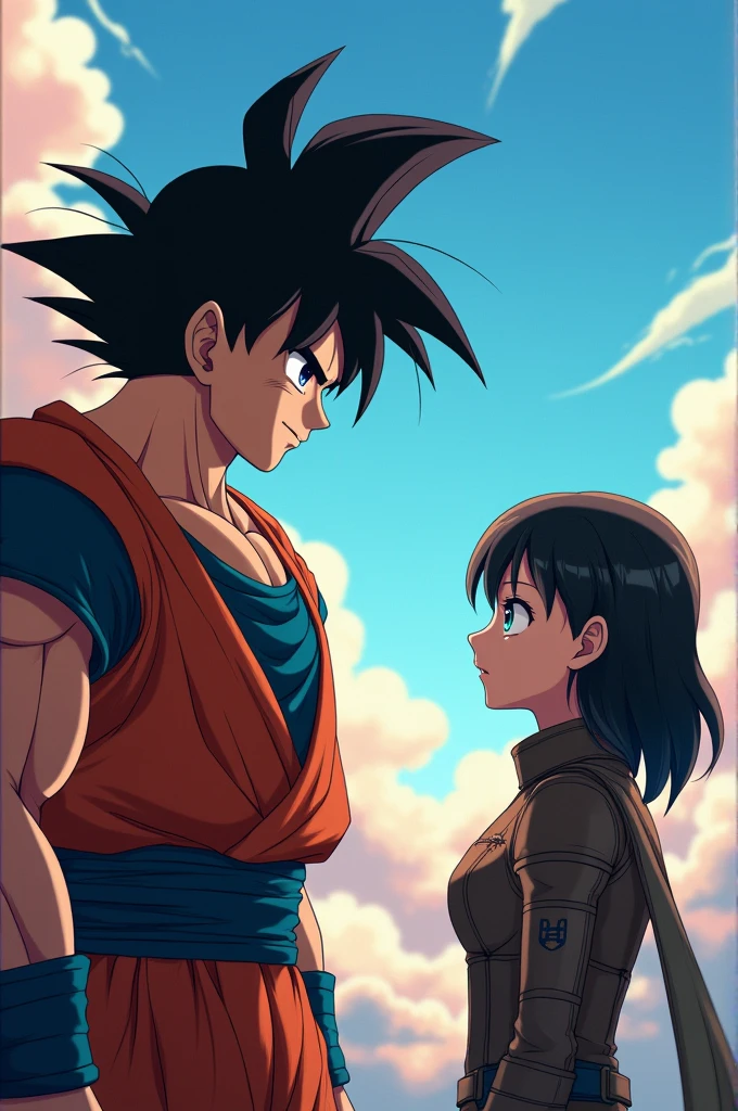 Bardock, Goku's father, and Historia Reiss, Attack on Titan, chatting. Anime style.