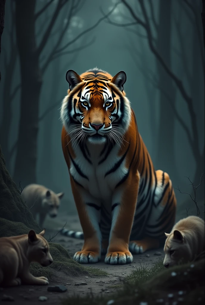 व्हेरी डार्क बॅकग्राऊंड वन 
 A very dark background one tiger is sitting on on a ground there are very animals and tiger was scaring all other animals 