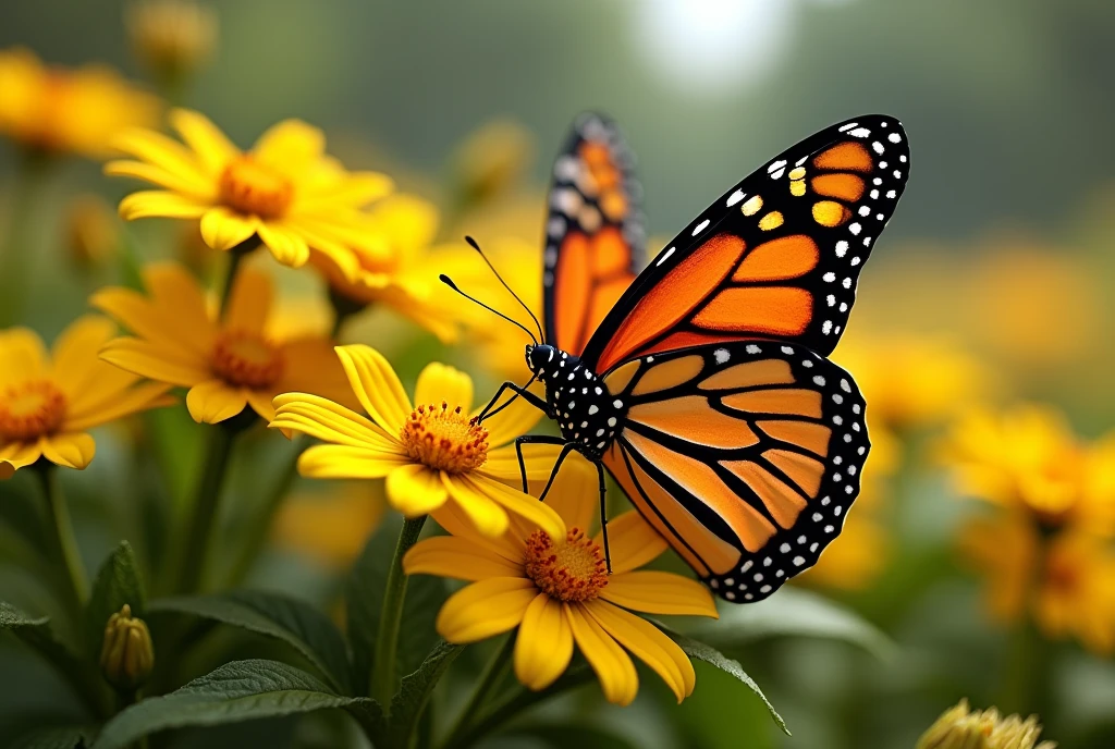 High Resolution, Masterpiece, Accurate, Best Quality, Detail, HD, High Details, High Quality, Realistic photo. The image is a close-up of a Monarch butterfly resting on a cluster of yellow flowers. The butterfly has orange and black stripes on its wings and body, and its antennae are visible. The flowers are bright yellow with small yellow centers and green leaves. The background is blurred, but it appears to be a natural setting with greenery. The overall mood of the image is peaceful and serene.