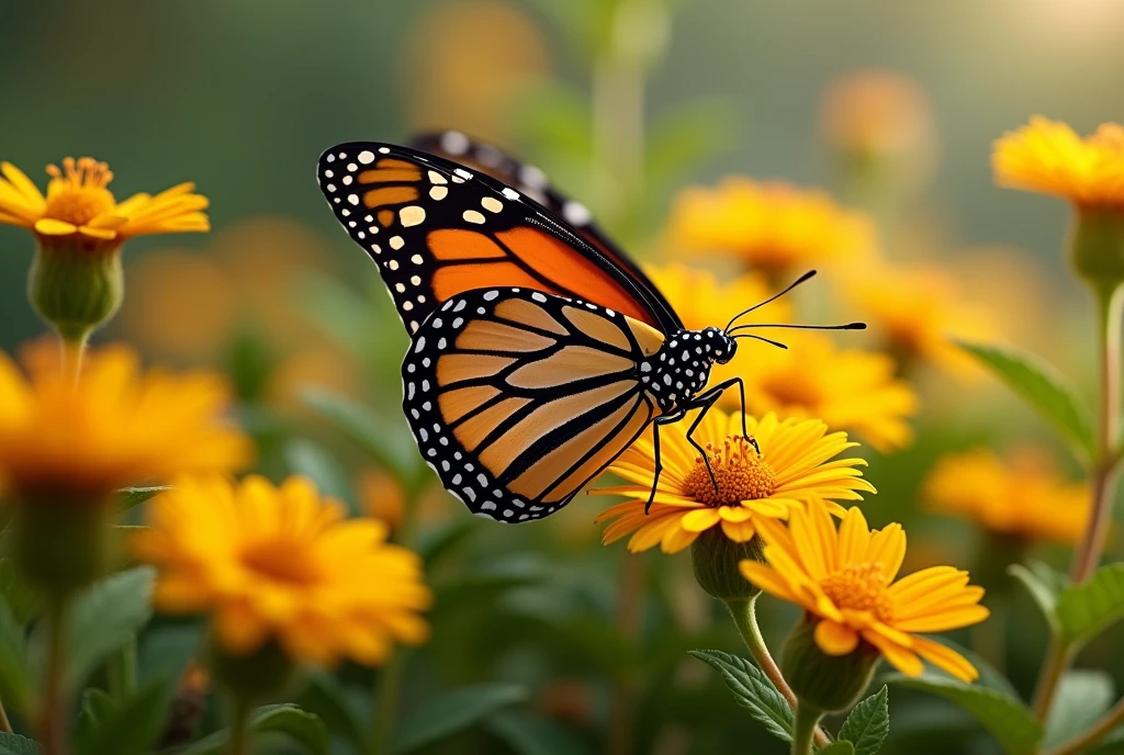 High Resolution, Masterpiece, Accurate, Best Quality, Detail, HD, High Details, High Quality, Realistic photo. The image is a close-up of a Monarch butterfly resting on a cluster of yellow flowers. The butterfly has orange and black stripes on its wings and body, and its antennae are visible. The flowers are bright yellow with small yellow centers and green leaves. The background is blurred, but it appears to be a natural setting with greenery. The overall mood of the image is peaceful and serene.