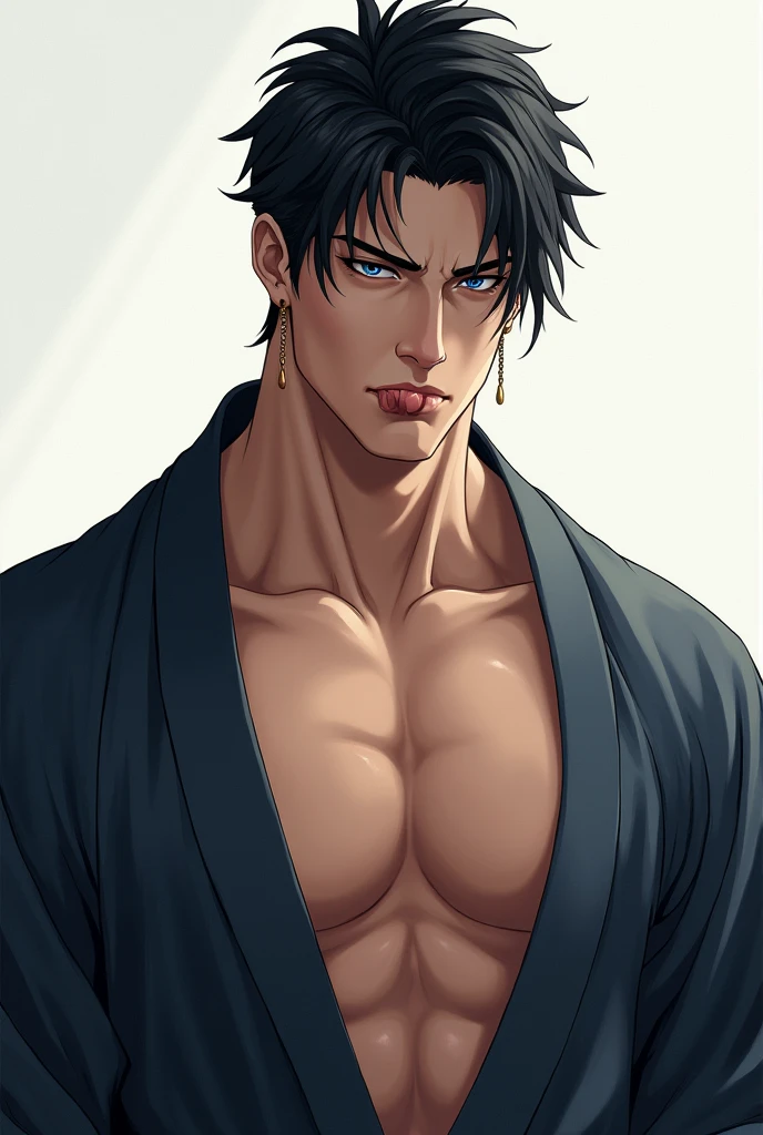 A man,muscular,lick lip,blue eyes, black hair, yukata and have left earring..