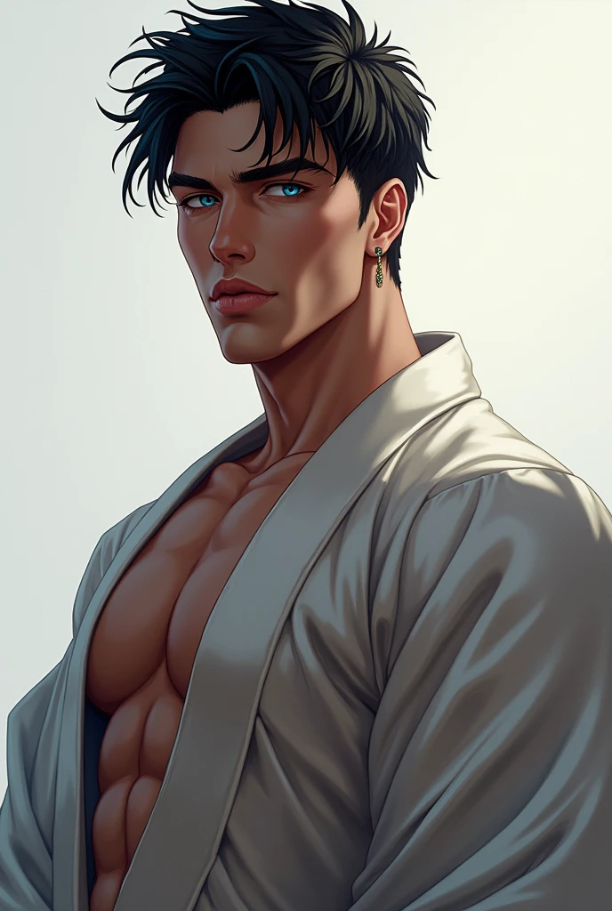 A man,muscular,lick lip,blue eyes, black hair, yukata and have left earring..