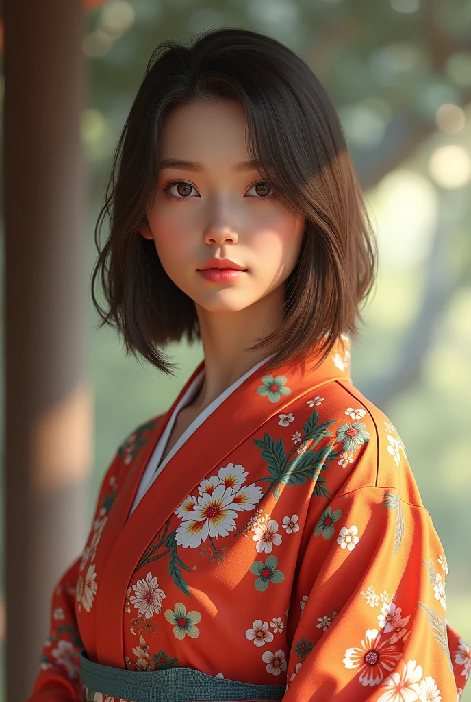 A 20-year-old girl, caucasian, brown skin tone, athletic, with light hazel eyes, straight brown hair, dressed in traditional Japanese yukata.