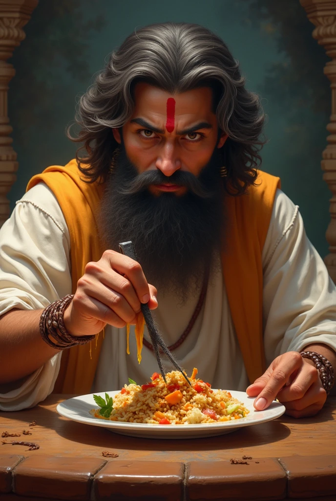 One young bramhina pandit with light beard and full hair eating on a kingdom ,suddenly he saw a long hairsample on his food and he is scary of that food 