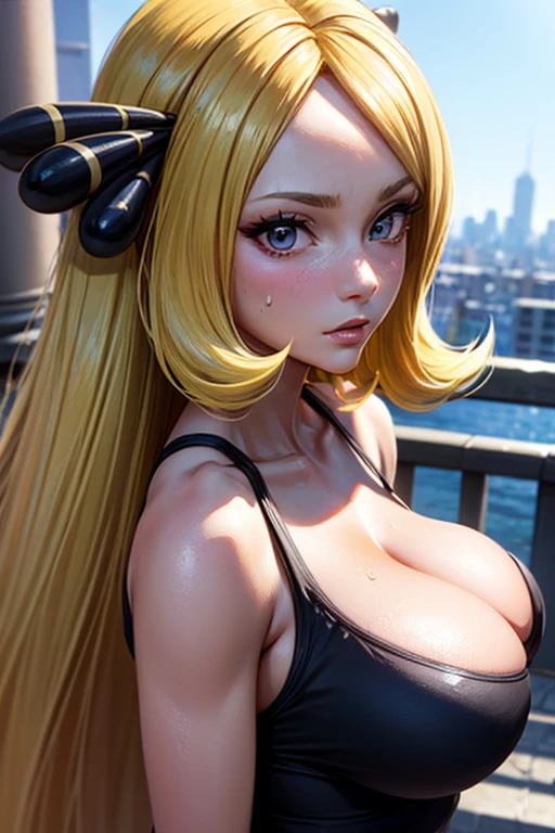 masterpiece, Highest quality, (Unreal Engine), reality:1.5, Super Resolution,  Very detailed, Complex, colorful, Clear images, Sharp focus, Digital Blending, 

Beautiful woman, cynthia \(pokemon\), Big Breasts, Perfect Eyes, Beautiful Eyes, Perfect Face, Ultra detailed hair, Ultra detailed face, Very detailed lips, Vivid expression, Healthy Body, Beautifully detailed sweat glands, Smooth skin texture, Beautiful Skin, Carefully drawn,

Dynamic pose, 

In the Pokémon world, Outdoor, In the hustle and bustle of the city, (Shot on Sony α9, Dynamic Angle), 

