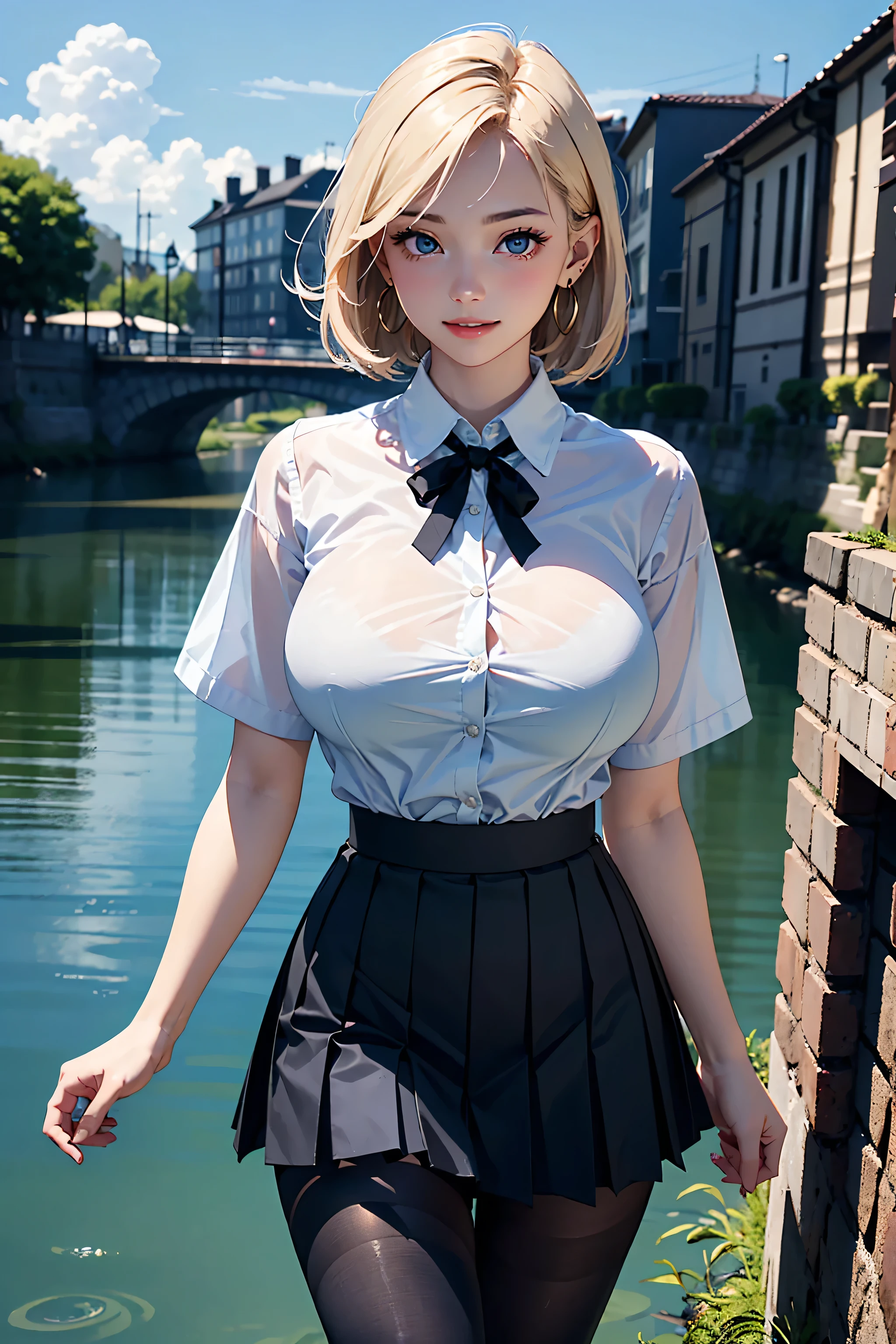 (masterpiece:1.2, Highest quality), (Realistic photos), Beautiful illustrations, (Natural side lighting, Cinema lighting),(2 girls:1.2), Japanese, 20-year-old female, Perfect Face, Symmetrical cute face, Glowing Skin,Black short bob、Blonde Short Hair、Dark blue eyes, (Huge breasts:1.3), Slender build、Earrings、Beautiful Hair, Beautiful Face, Fine and beautiful eyes, Beautiful body, Beautiful breasts,(White collared shirt、Small black ribbon、Pleated skirt、Black tights),river、Embankment、blue sky、smile、Blushing、Standing side by side