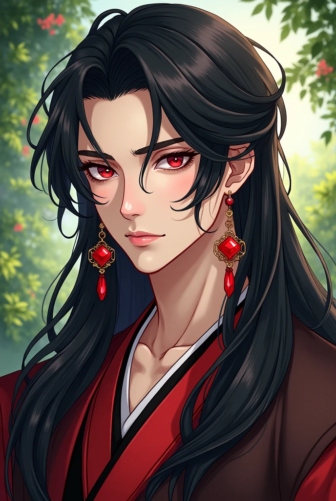 Make a handsome guy that have long black jet hair and red ruby beautiful eyes and have ared long earings. Give him a half body with a clothed from murim and have a garden background and give him a milky skin but give him a little cartoony look but not too much