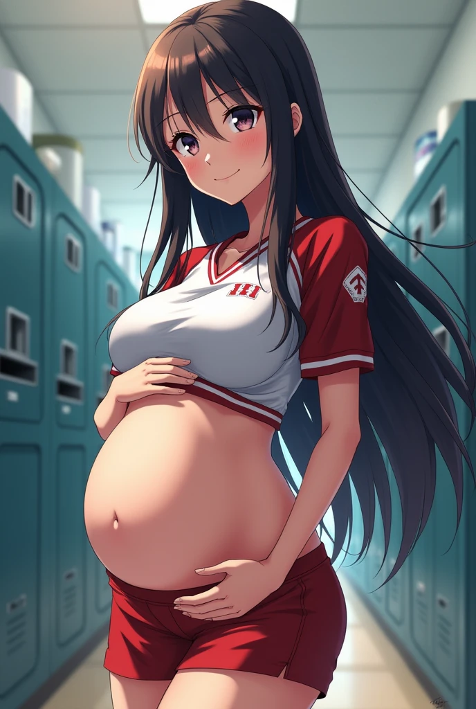 Woman,long hair, wearing uniform, pregnant, beautiful face, beautiful body,Anime art, Masterpiece, High quality, Detailed, Background locker room,Random pose,Short hair