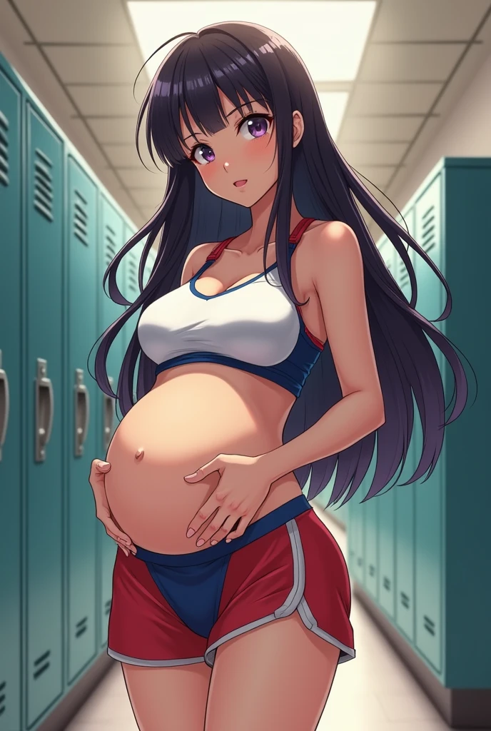 Woman,long hair, wearing uniform, pregnant, beautiful face, beautiful body,Anime art, Masterpiece, High quality, Detailed, Background locker room,Random pose,Short hair