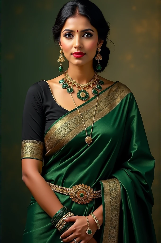 Create an real image of An Indian women aged 32 years with cute face and big boobs wearing a dark green saree and black blouse showing huge cleavage of tits and navel with green ornaments and bangles with traditional look 