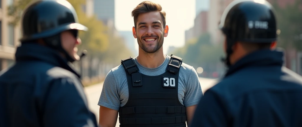 1 young man with bulletproof vest smiling and 2 police officers on the sides holding him