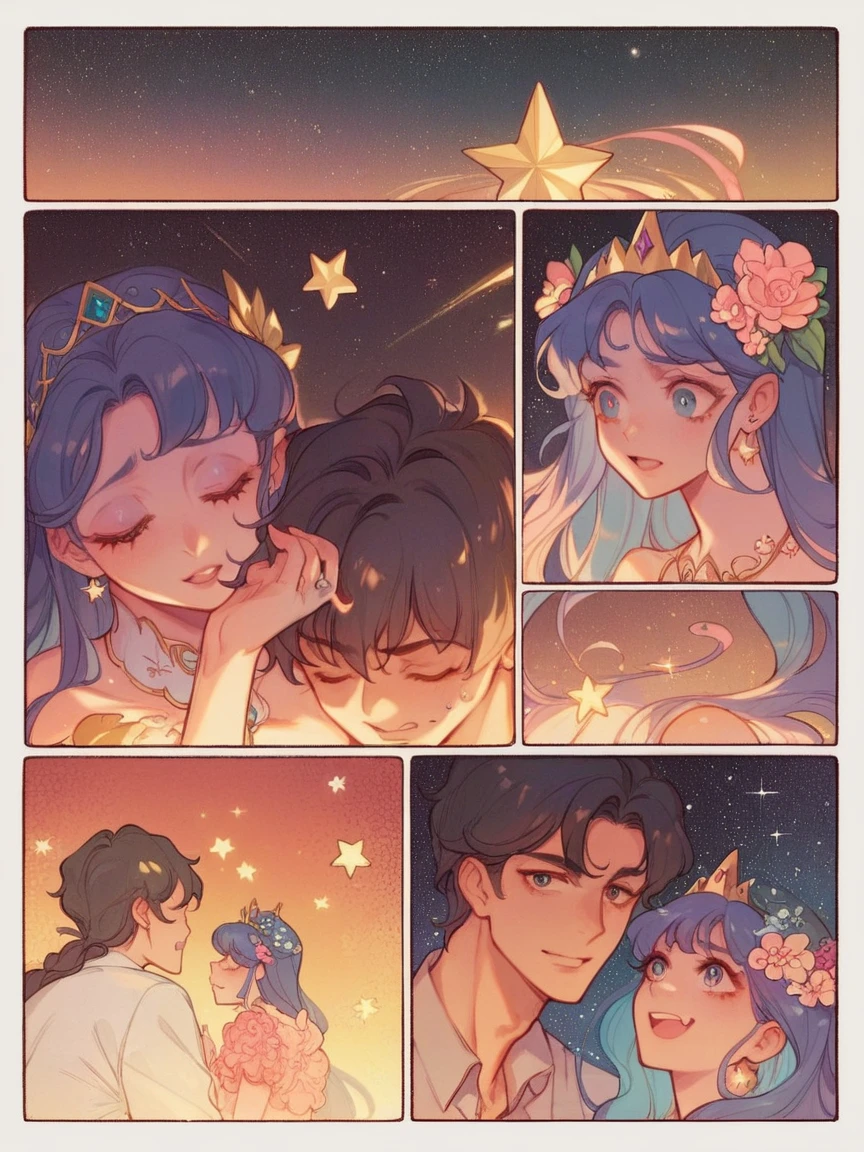 score_9, score_8_up, score_7_up, score_6_up, p4n3ls, 1girl, 1boy, stars, long hair, panels, (8k, best quality, master piece: 1.2),super high resolution,A page of a soft pastel colored comic book divided into frames、A princess falls in love with a demon、speech bubble、Powerful girl manga style