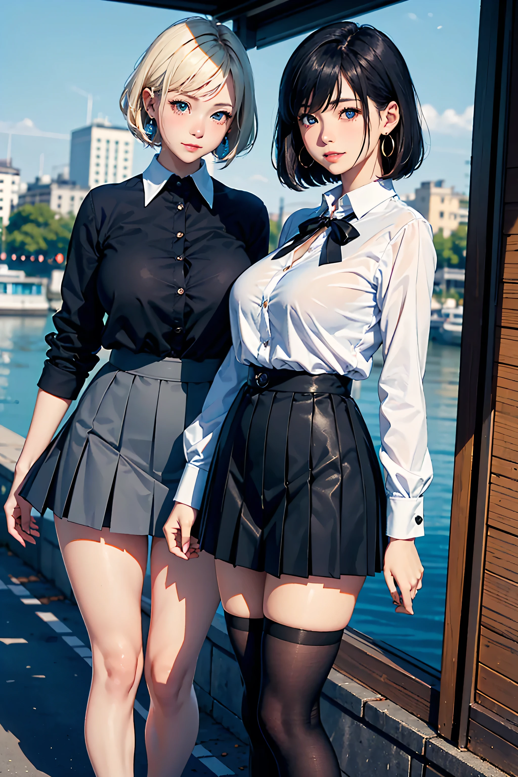 (masterpiece:1.2, Highest quality), (Realistic photos), Beautiful illustrations, (Natural side lighting, Cinema lighting),(2 girls:1.2), Japanese, 20-year-old female, Perfect Face, Symmetrical cute face, Glowing Skin,Black short bob、Blonde Short Hair、Dark blue eyes, (Huge breasts:1.3), Slender build、Earrings、Beautiful Hair, Beautiful Face, Fine and beautiful eyes, Beautiful body, Beautiful breasts,(White collared shirt、Small black ribbon、Pleated skirt、Black tights),river、Embankment、blue sky、smile、Blushing、Standing side by side