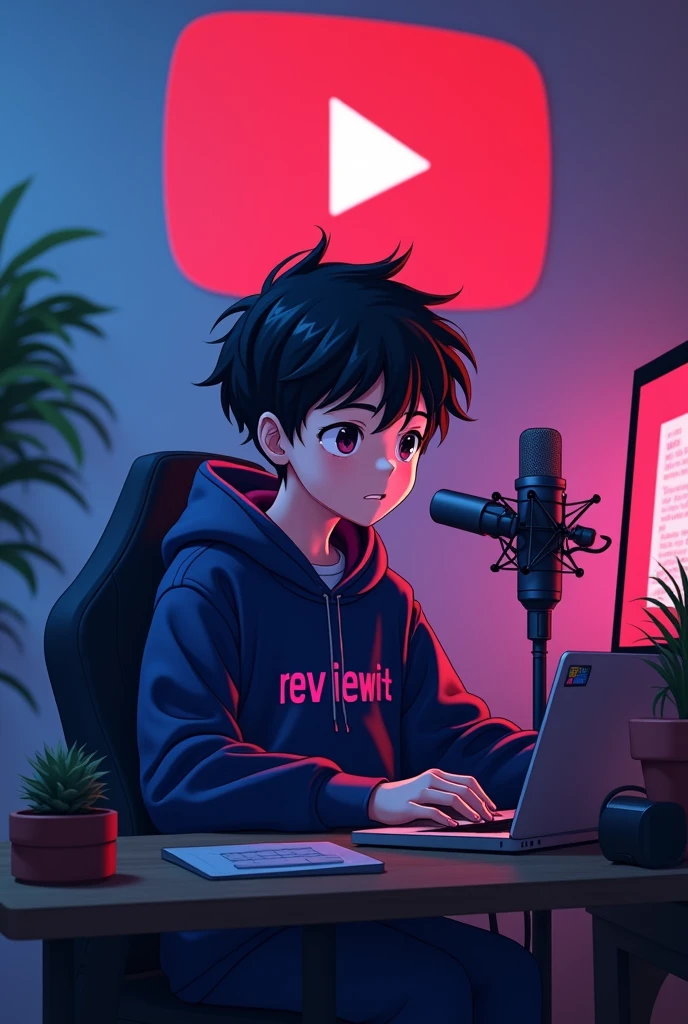 A cinematic shot of an 1 anime-style boy sitting at a computer desk. He wears a dark blue and pure dark pink hoodie with the Channel Name "Review it" on it. The boy has black stylish hair . He sits in front of a computer screen and a microphone. There's a laptop on the desk as well. The background contains a large YouTube logo on the wall, potted plants on either side, and various recording equipment. The room is illuminated by RGB light.