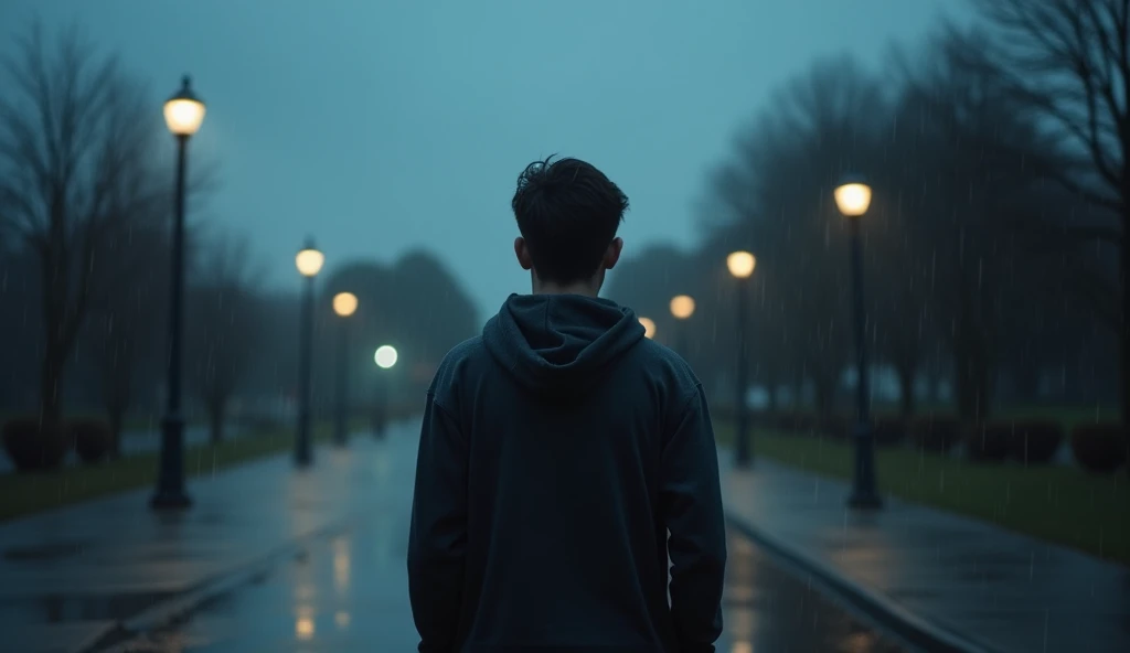 Create a scene for the main video image where a young man is standing alone in the rain, looking out over a quiet, dimly lit street or park. The setting is dusk, with the sky overcast and the street lamps glowing softly in the background. The man is dressed in a simple, dark hoodie or jacket, his posture slightly hunched as if weighed down by the emotions of unrequited love. The rain is gently falling, creating ripples in puddles and a reflective, almost cinematic atmosphere. The overall color palette should be cool and muted, with blues, grays, and subtle highlights from the street lamps. This image should capture the depth of emotion, evoking a sense of loneliness and longing, perfectly matching the theme of the song."