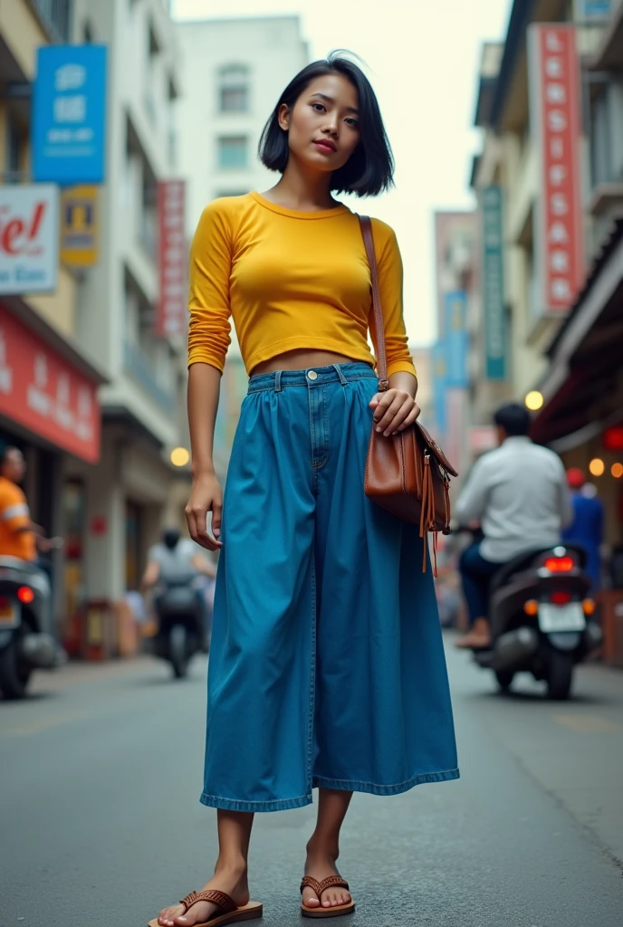 photography of a 1 Indonesian girl, beautiful, short straight and thick hair, stocky body, beautiful curves, tight yellow long-sleeved t-shirt, long and wide blue skirt, flip-flops, wearing a sling bag, full body photo, busy city by yukisakura, awesome full color,