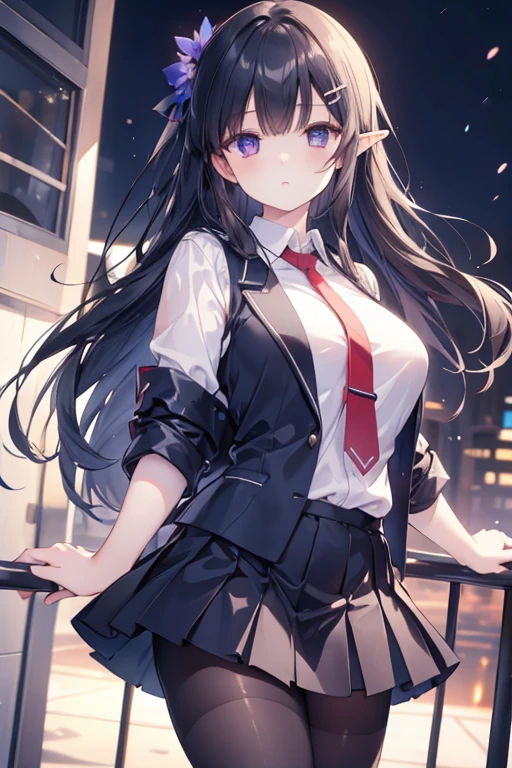 maisakurajima, sakurajima mai,elf, long hair, bangs, black hair, hair ornament, (purple eyes:1.1), hairclip,
BREAK skirt, shirt, school uniform, white shirt, short sleeves, pantyhose, pleated skirt, collared shirt, blue skirt, black pantyhose, red necktie, jacket, brown jacket,
BREAK outdoors, city,
BREAK looking at viewer,
BREAK (masterpiece:1.2), best quality, high resolution, unity 8k wallpaper, (illustration:0.8), (beautiful detailed eyes:1.6), extremely detailed face, perfect lighting, extremely detailed CG, (perfect hands, perfect anatomy),