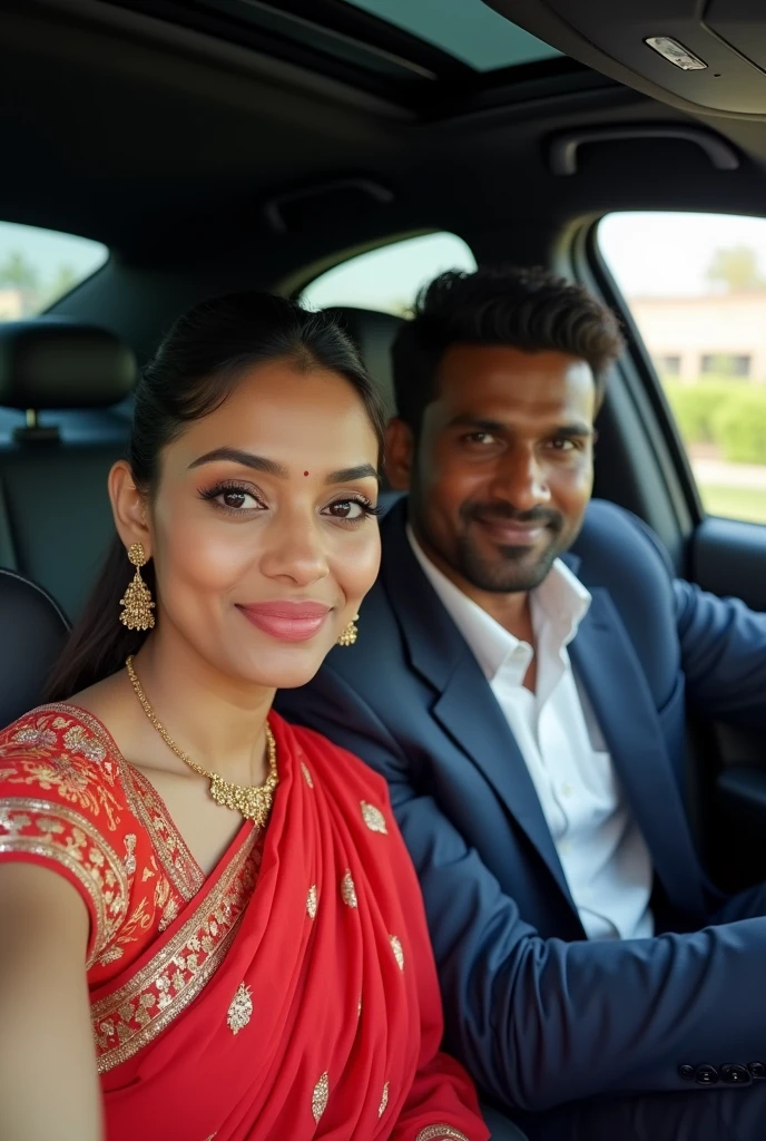 Kerala cute white skintone couple taking selfie inside mercedes benz car, girl in red saree