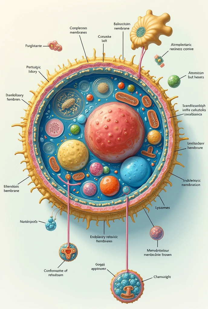 Eukaryotic cell with its various organelles labeled, highlighting the plasma membrane and internal membranes.