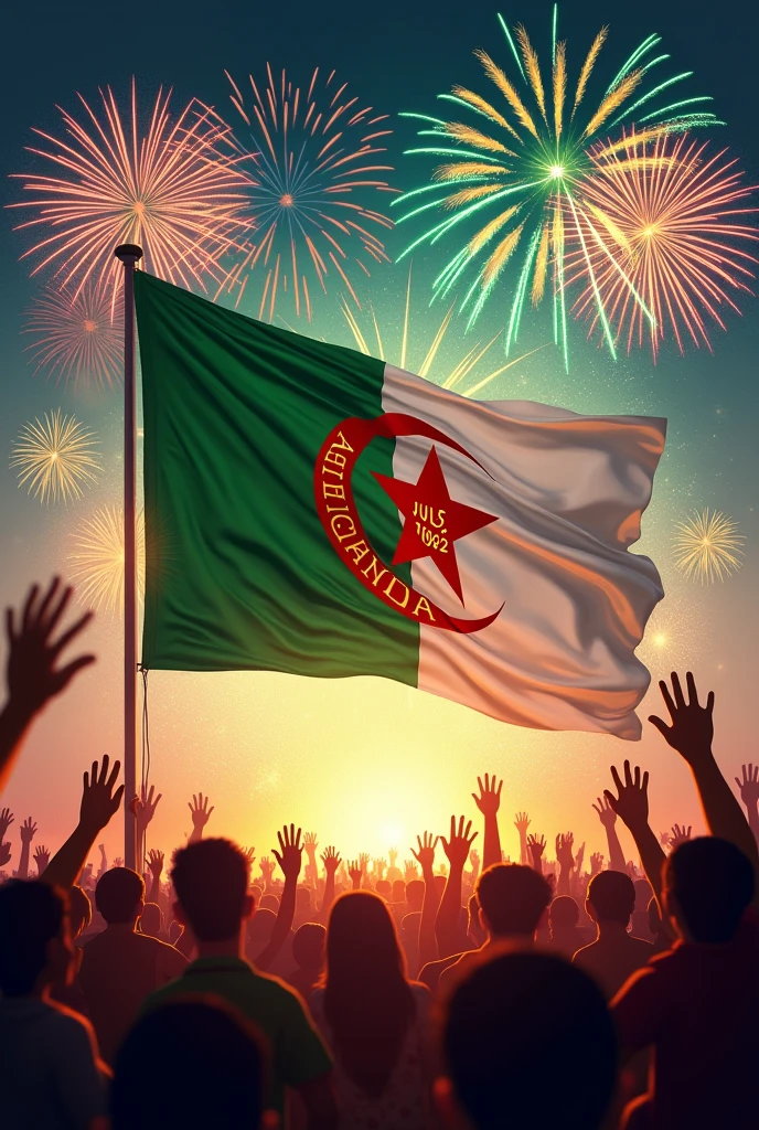 Écrire en lettre d'or le 5 juillet 1962 sur le drapeau algérien de couleur vert blanc croissant de Lune Étoile 5 branches de couleur rouge et la foule en liesse et feu d'artifice