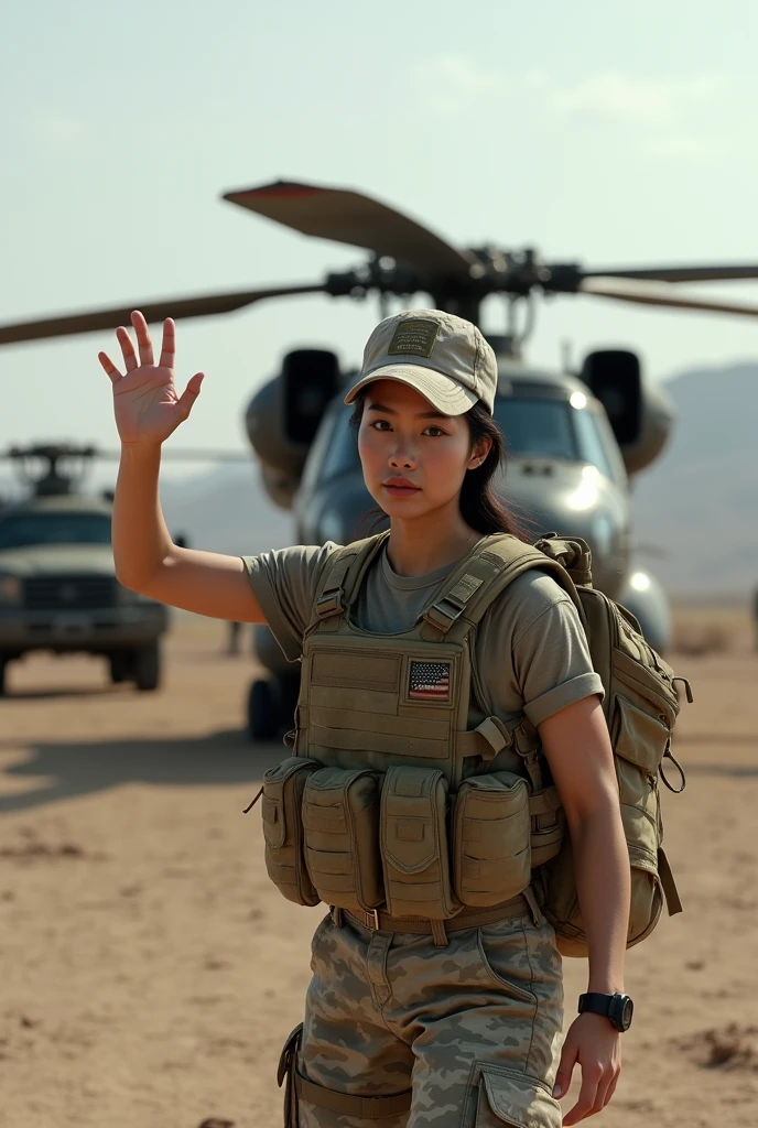 ８K,realistic photo、realistic skin texture、A beautiful Japanese woman belonging to the American military is in the wasteland.、bulletproof vest、Backpack、wearing a baseball cap、A large transport helicopter is waiting with its rear loading hatch open.、moving action pose、waving、Dramatic and bold composition、Several military vehicles are running、Zoom out