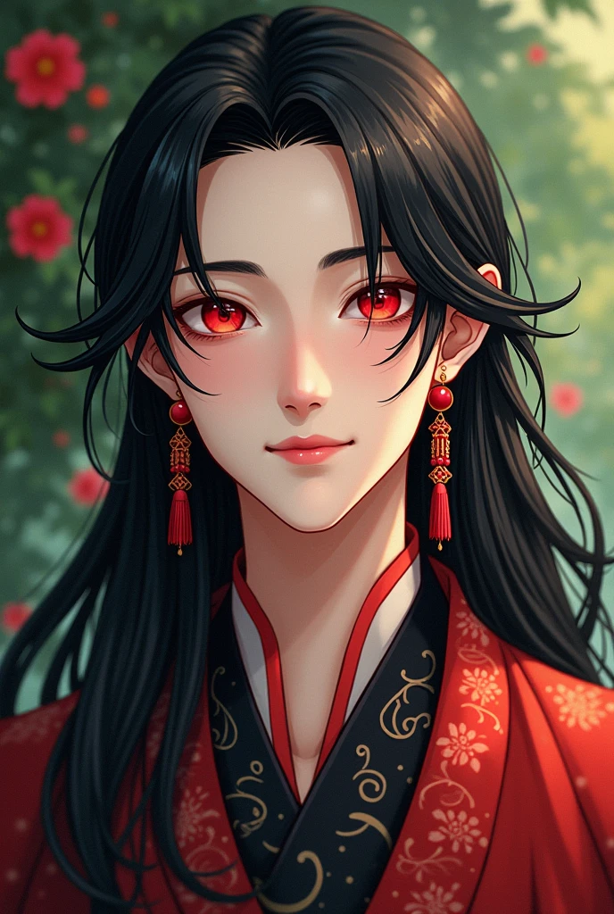 Make a handsome guy that have long black jet hair and red ruby beautiful eyes and have ared long earings. Give him a half body with a clothed from murim and have a garden background and give him a milky skin but give him a little cartoony look but not too much