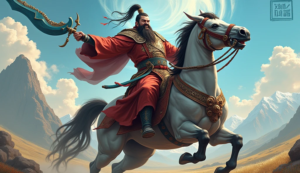 Guan Yu laughs on horseback holding a blue dragon crescent-shaped sword