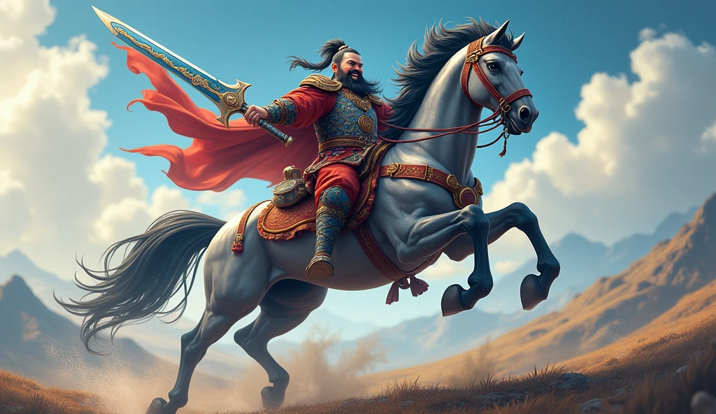 Guan Yu laughs on horseback holding a blue dragon crescent-shaped sword