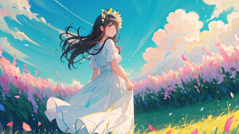 cute girl in the background, countryside, flowers, petals in the air, grass and flowers foreground, fence, clouds, windy, low angle, from below