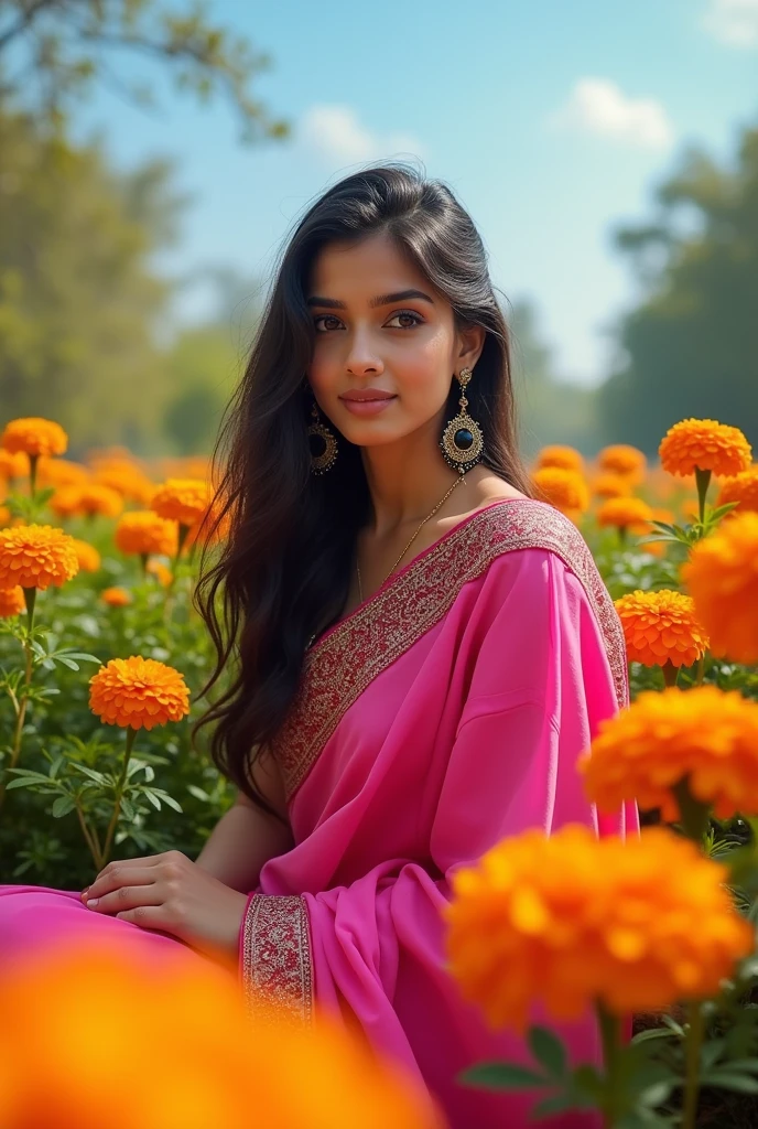 Indian girl in pink saree siting in the marigold garden black glass on her head