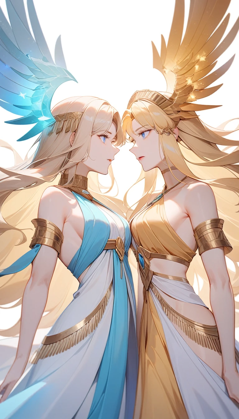 （Huang Li、high quality、Extremely detailed），Constellation - Gemini Goddess，A pair of sisters，Two goddesses face to face，Similar to Latin goodness，brave，capricious，Productivity，The face of enterprising and humanitarianism，Blonde Hair，Ancient Greek costumes、Wrap Dress，background is heavenly，Light crystal blue eyes（Eyes Details），Powerful appearance
