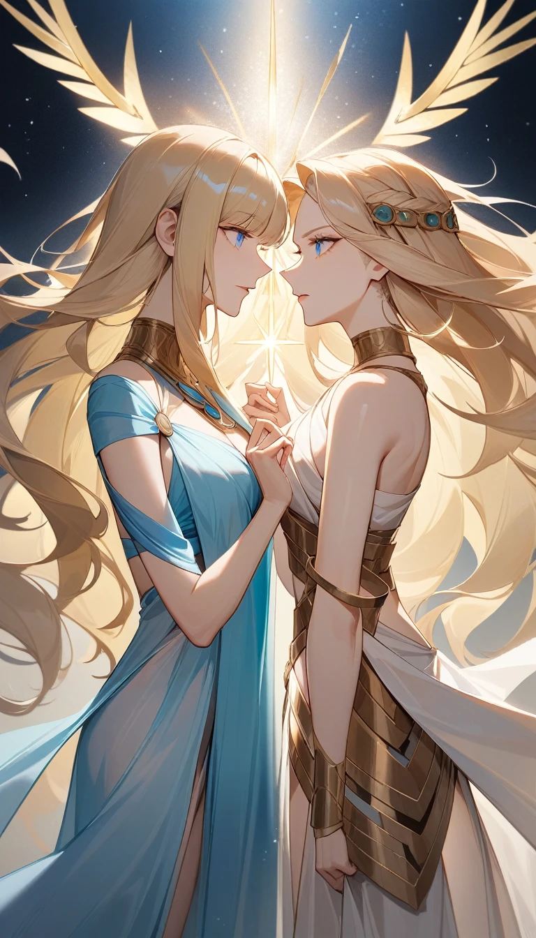 （Huang Li、high quality、Extremely detailed），Constellation - Gemini Goddess，A pair of sisters，Two goddesses face to face，Similar to Latin goodness，brave，capricious，Productivity，The face of enterprising and humanitarianism，Blonde Hair，Ancient Greek costumes、Wrap Dress，background is heavenly，Light crystal blue eyes（Eyes Details），Powerful appearance