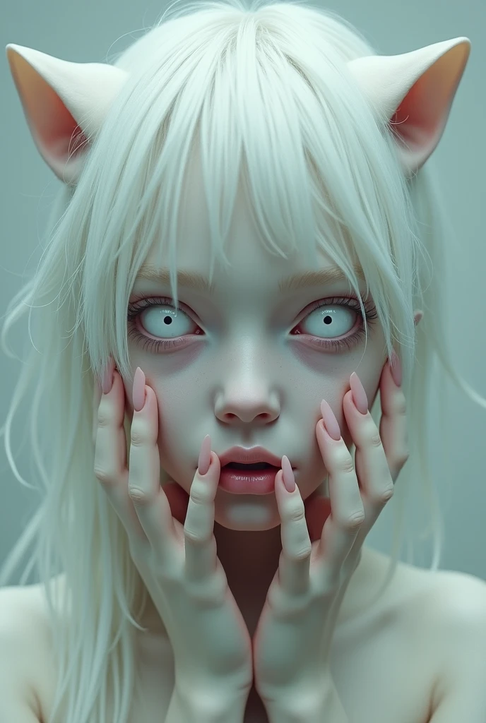 An upset white-haired teenager, with super white skin, thin and tall, with white eyes but similar to cat's eyes, with long nails