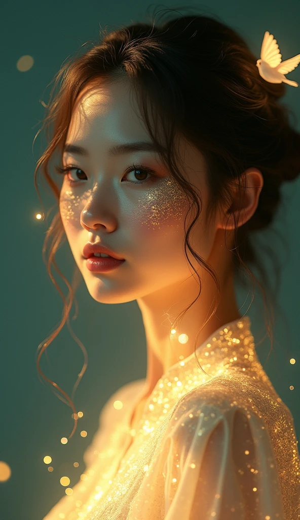 "Glimmering Echoes"
Common Prompt:
"A high-quality, detailed portrait of a (____) woman with intricate golden sparkles on her face and neck. The woman has soft, delicate facial features typical of her cultural background, with (insert hairstyle here). She is wearing an off-shoulder, light-colored blouse that shimmers subtly, reflecting the golden light. A small, ethereal white bird hovers near her face, illuminated by the same golden light, with delicate, translucent wings. The background is a soft, dark teal, which contrasts with the warm golden light that casts a gentle glow on her skin. The overall atmosphere is mystical and elegant, with a focus on the interplay of light and shadow, highlighting the woman's serene expression and the delicate details of the sparkles and bird."