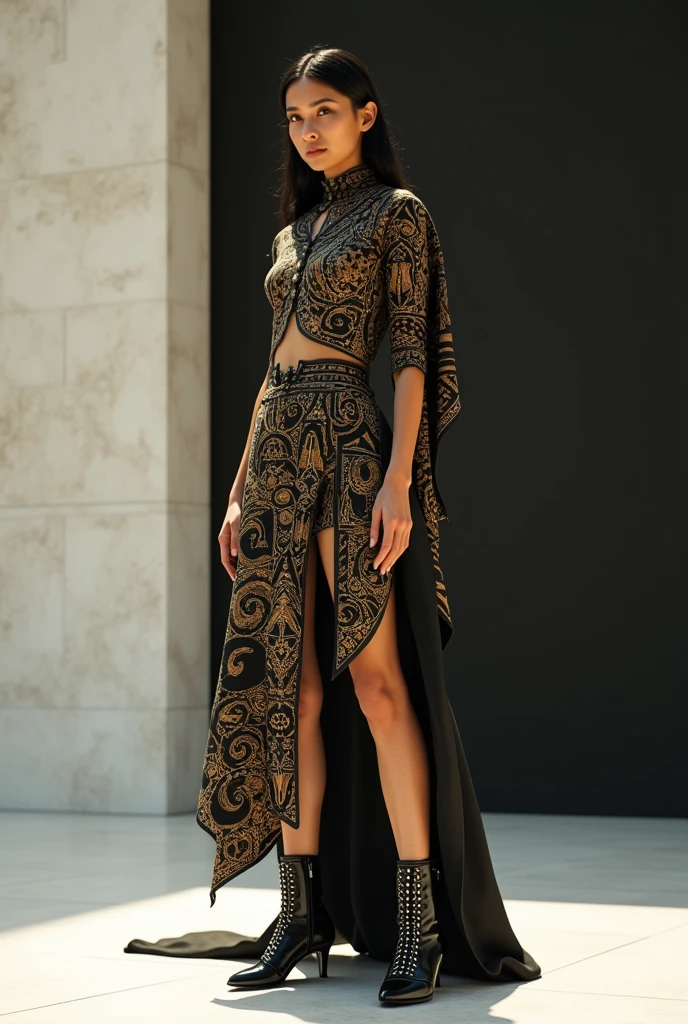 I want a full body image of a creative look, bold, moderno, flashy, dramatic inspired by the fashion of ancient Crete to be used in the near future but classic as if Alexander McQueen had made something very dramatic and unique also inspired by Minoan art