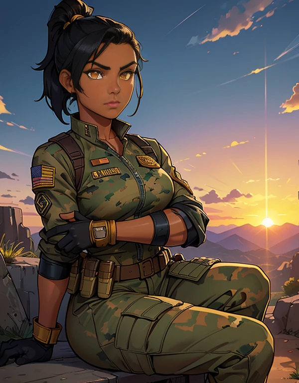 (Mixed race Guatemalan-Navajo woman), (tanned bronze skin:1.4), (Yellow colored eyes:1.4), (Short Black Hair:1.3), (Ponytail hairstyle:1.2), (Wearing: USA marine corps uniform, camouflage military uniform, armor and gloves), army girl, soldier girl, infantry girl, (sunset :1.2),(Sitting with arms at the side), (relaxed), highest quality, ultra-high resolution, absurdity, realistic, physically based rendering, cinematic lighting, complex and cinematic appearance, cinematic soft light, soothing tone, dynamic angle