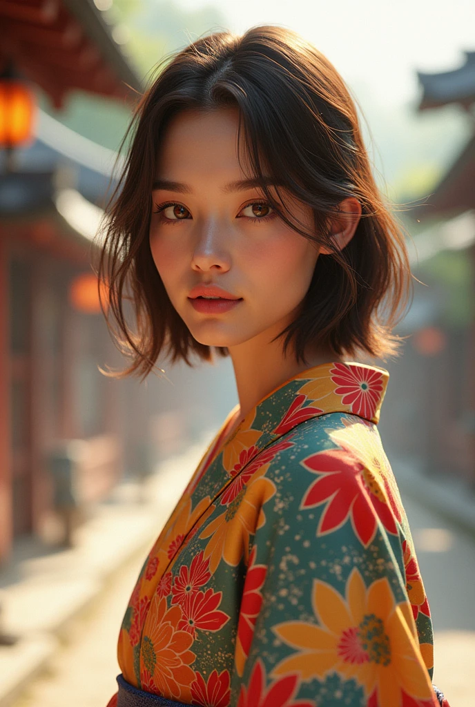 A 20-year-old girl, caucasian, brown skin tone, athletic, with light hazel eyes, straight brown hair, dressed in traditional Japanese yukata.