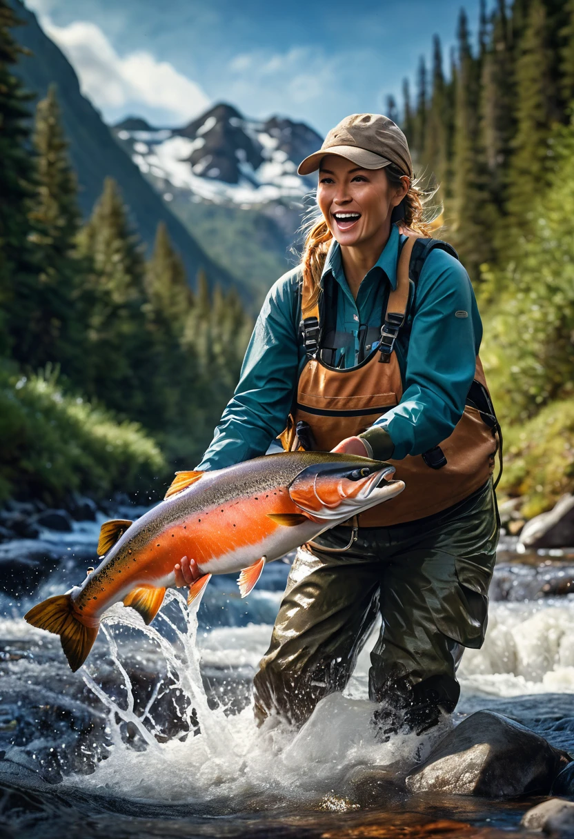 a female fisherman catching a huge salmon while lure fishing in a mountain stream, water splash, flecks of light, peak of excitement, detailed portrait of the woman's face and expression, realistic, photorealistic, 8k, best quality, masterpiece, highly detailed, vivid colors, dramatic lighting, dramatic composition, beautiful detailed eyes, beautiful detailed lips, extremely detailed face and features, long eyelashes, beautiful serene landscape, rocky mountain stream, evergreen forest, sunlight filtering through trees, detailed foliage and rocks