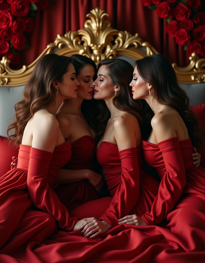 full longshot view entire the four women, four women, four mature women lips kissing each other, sitting on the bed, detailed face, beautiful detailed eyes, beautiful detailed lips, extremely detailed face and skin, long brown hair, luxurious crimson long sleeve train satin silk evening dresses, luxurious palace bedroom stretched and flooding by crimson satin silk fabric entire mattress, many rose flowers arround the bed, realistic, photorealistic, 8k, high quality, hyper detailed, masterpiece, dramatic lighting, cinematic, award winning photograph