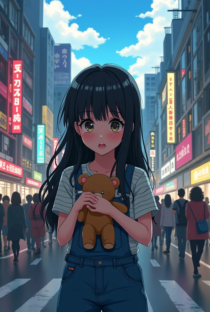 Anime style on a big noisy street lost crying black hair bangs overalls denim striped shirt in hands teddy bear