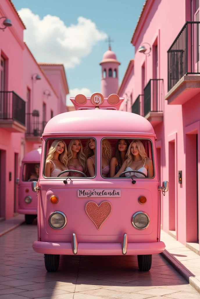 One pink bus with some beautiful blonde girls wearing sexy lingerie inside, is parked in front of a pink public bus in a pink spanish small town with pink buildings, there's a sign in the wall of the bus with the word "Mujereslandia" and signs of a 💋 on very wall.