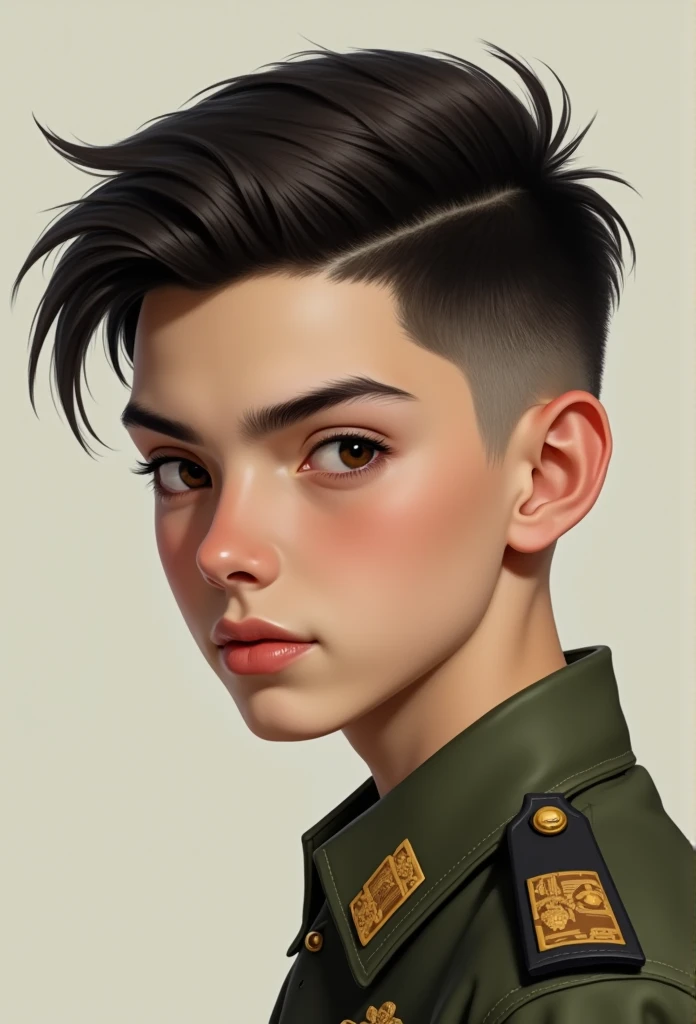Portrait of a 1 ager boy, big forehead, calm, military haircut