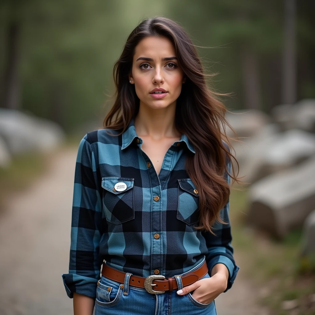 A photo of an attractive brunette video presenter with long hair and dark brown eyes. She is showing concern for a friend and pleading for help. She is wearing a button on her collar that reads "Team Chanda". She is dressed in a blue/black/white flannel shirt and jeans, brown cowboy boots, and a brown belt with a horse on the buckle. The background is blurred and consists of nature with trees and rocks.