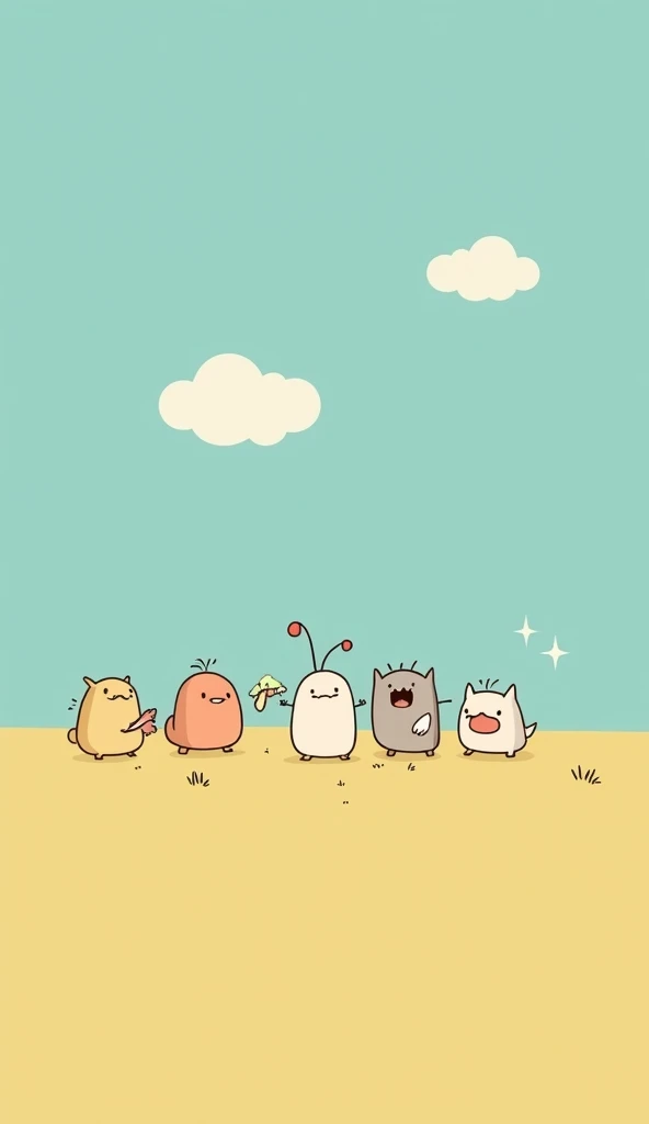 (Most of the background is solid color.),Simple animation of small cute cartoon characters below