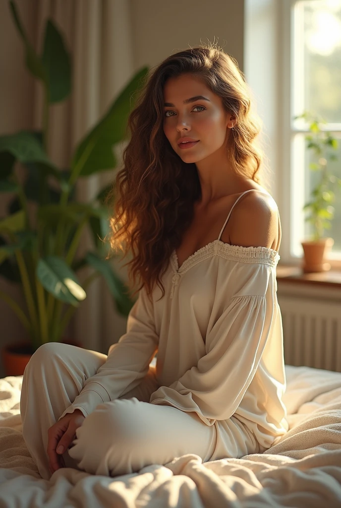 (photorealism:1.2), beautiful woman, sitting on bed, wearing loose off-shoulder top, pajama pants, long curly hair, indoors, soft lighting, plants in background, window with sunlight, cozy room, relaxed pose, realistic, intricate details, warm colors, by Greg Rutkowski, by Alphonse Mucha
