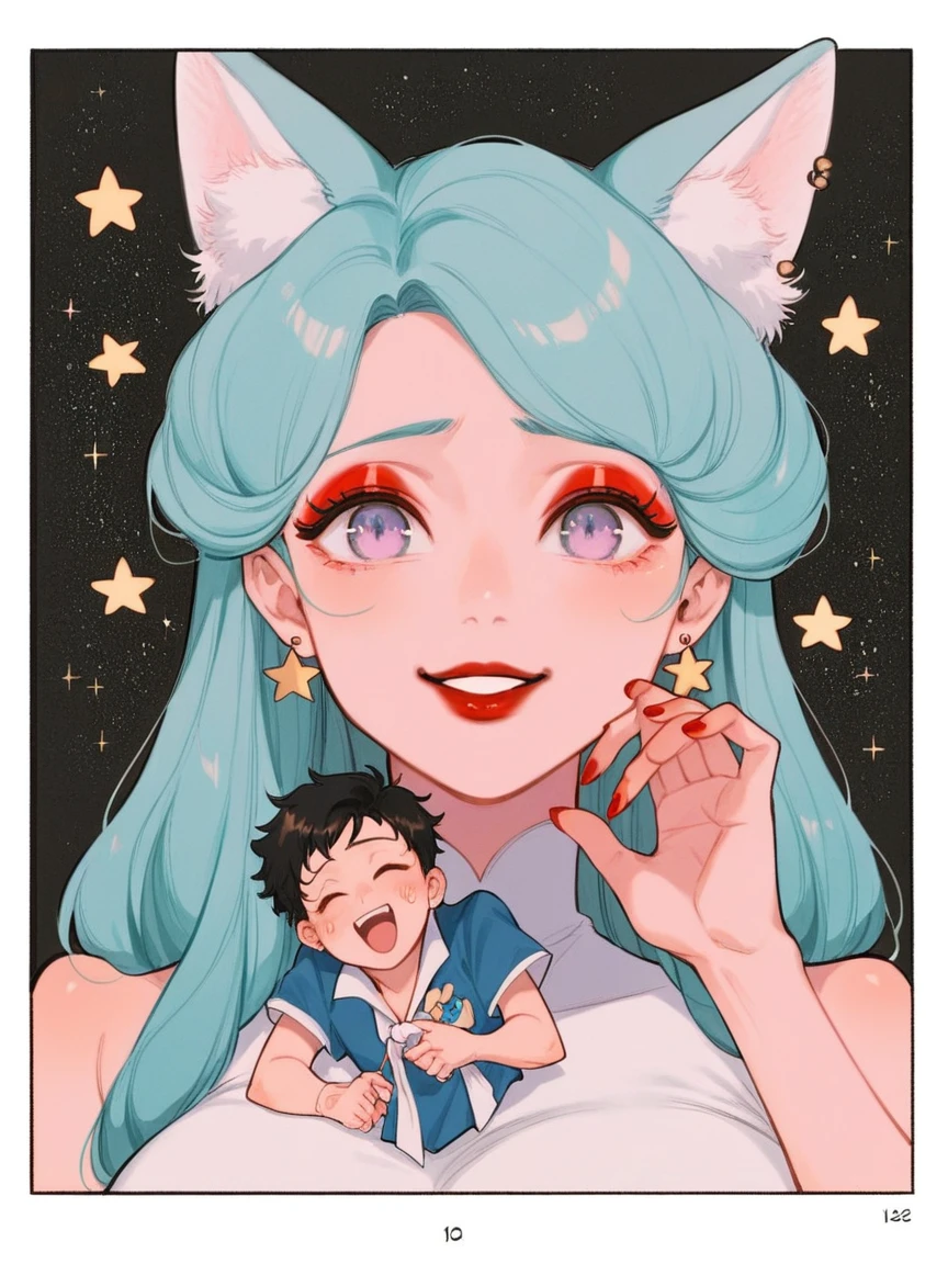score_9, score_8_up, score_7_up, score_6_up, p4n3ls, 1girl, 1boy, stars, long hair, panels, (8k, best quality, master piece: 1.2),super high resolution,A page of a soft pastel colored comic book divided into frames、A princess falls in love with a demon、speech bubble、Powerful girl manga style, White skin, (Fox ears), looking at viewer, doe eyes, Exquisite eyes,Red Eyeshadow, Red lips,cute laugh, Ukiyo-e, masterpiece, high quality, at the lowest limit, Tiny,White boots,Huge breasts,Bare shoulders, Hair color (light lilac)short, lavender eye color, a small cross earring in the left ear, tokyo revengers the nickname twin dragon