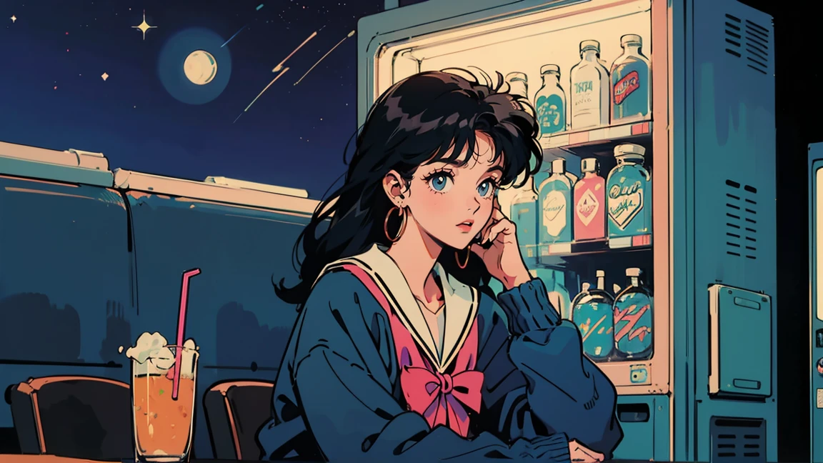 Sailor Moon, Long black hair、the 90s, Romance Anime Style, cardigan, Lip gloss, Hoop Earrings,Drinking alcohol,Mug,Neon Light,Vintage Radio、Starry Sky、sitting alone in front of a vending machine、Wear a loose sweatshirt、Create depth