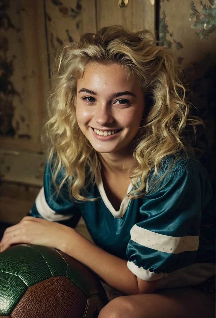20 year old blonde girl named Aria Belcanto, smiling in vintage room, dark room, messy hair, play football