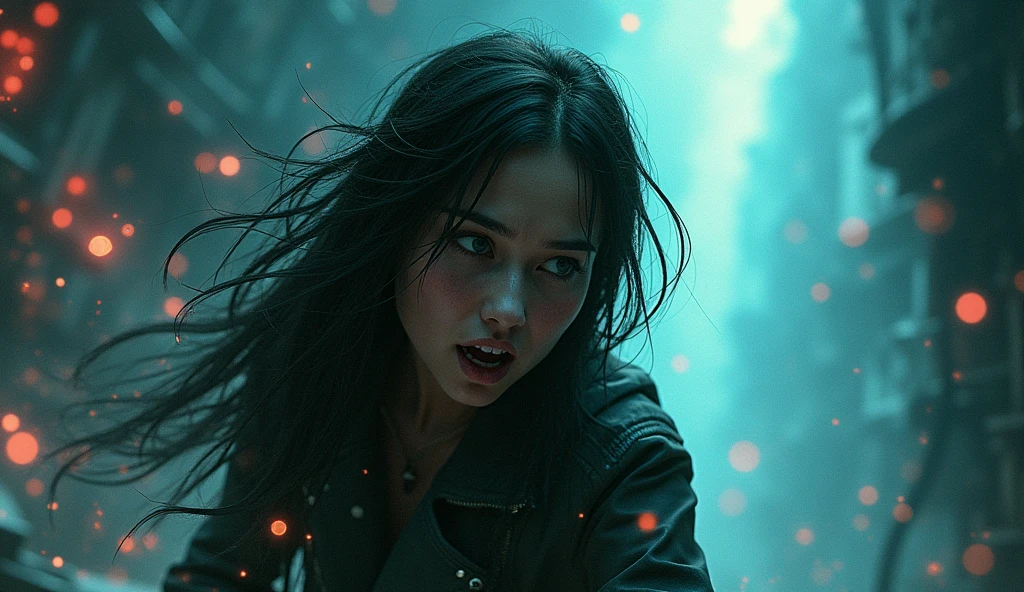 Aranuch in a desperate and frantic attempt to disconnect from the BioNet. The scene is filled with intense, flashing lights and erratic data streams. Aranuch’s expression is one of panic and desperation as she struggles to pull away from the system. The background is a chaotic mix of digital distortions and dark shadows."